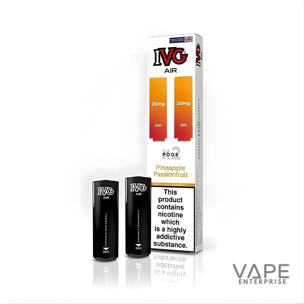 IVG Air Pineapple Passionfruit vape pods with 20mg nicotine, 2ml each, nicotine warning label