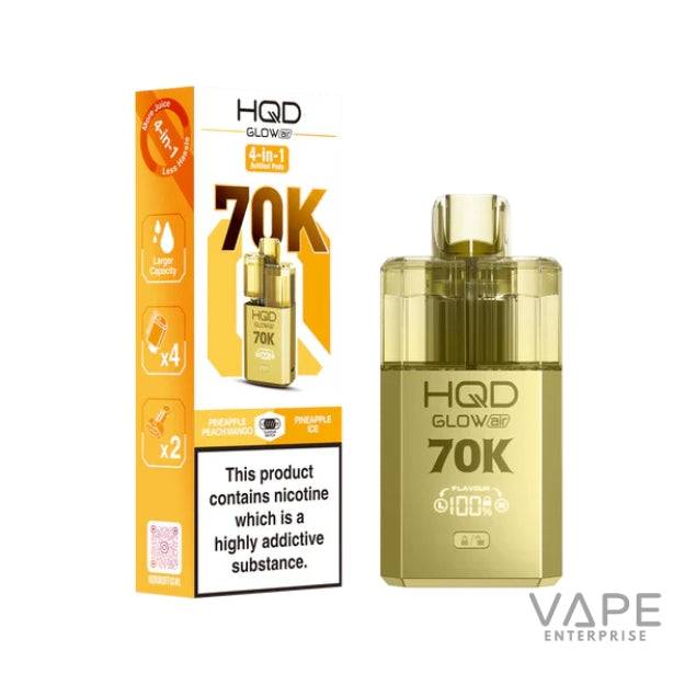 HQD Glow Air 70K vape device and orange packaging with 4-in-1 flavored pods including Pineapple Peach Mango and Pineapple Ice