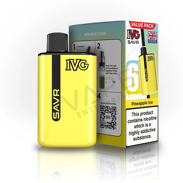 Yellow IVG SAVR Pineapple Ice vape device and value pack box with nicotine warning