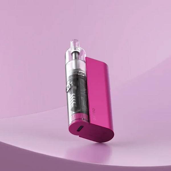 Compact pink vape device with transparent tank on soft pink background