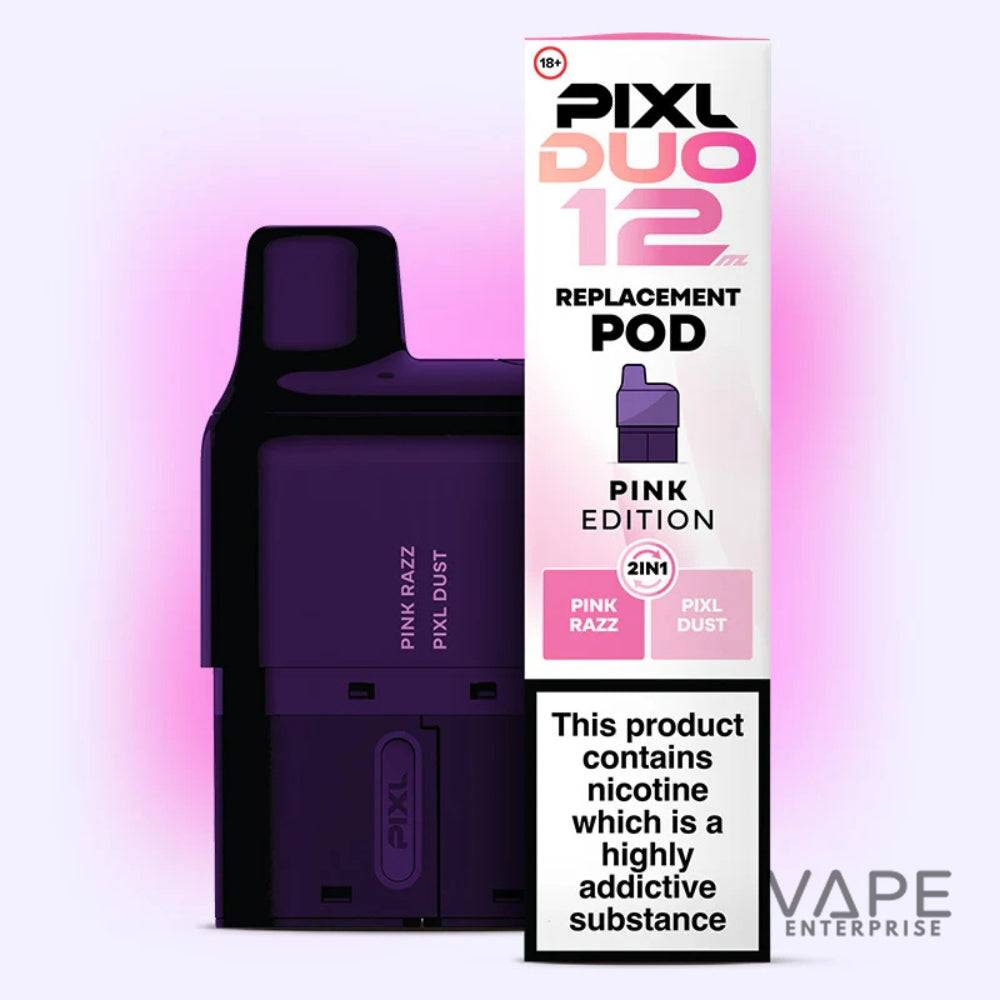 Pixl Duo 12mg replacement pod Pink Edition with Pink Razz and Pixl Dust flavors, nicotine warning