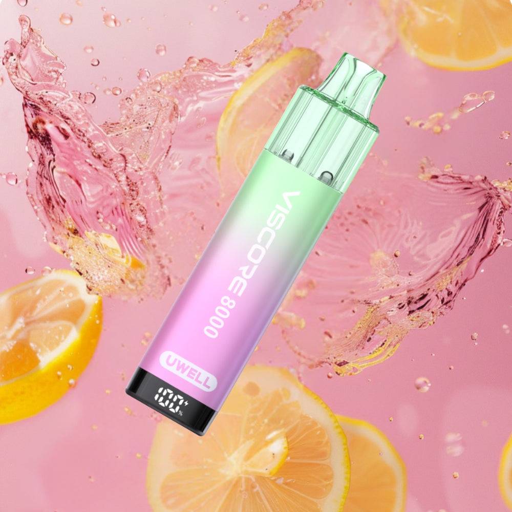 UWELL Viscape 8000 vape device with battery display over pink lemonade splash and lemon slices background