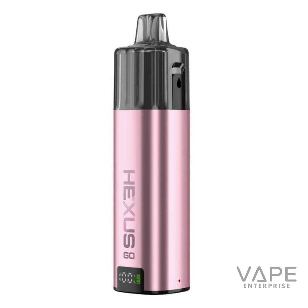 Pink HEXUS Go 12ml vape pod device with black mouthpiece and digital battery indicator