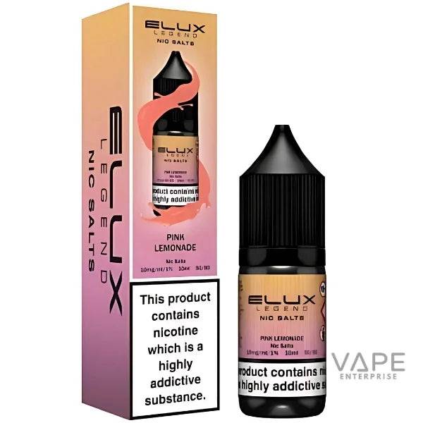 Elux Legend Pink Lemonade Nic Salt vape liquid 10ml bottle and packaging, nicotine salt e-liquid for refillable vape kits