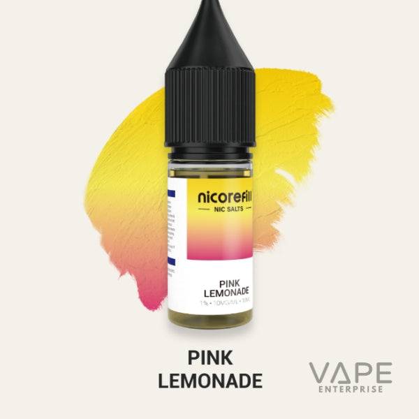 Nicorefill Pink Lemonade nic salts vape juice bottle with yellow and pink gradient label on yellow and pink paint swatch background