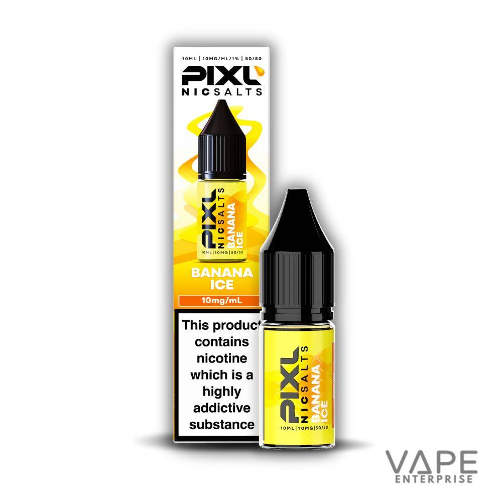 Pixl Nic Salts Banana Ice 10mg nicotine e-liquid bottle and packaging with warning label