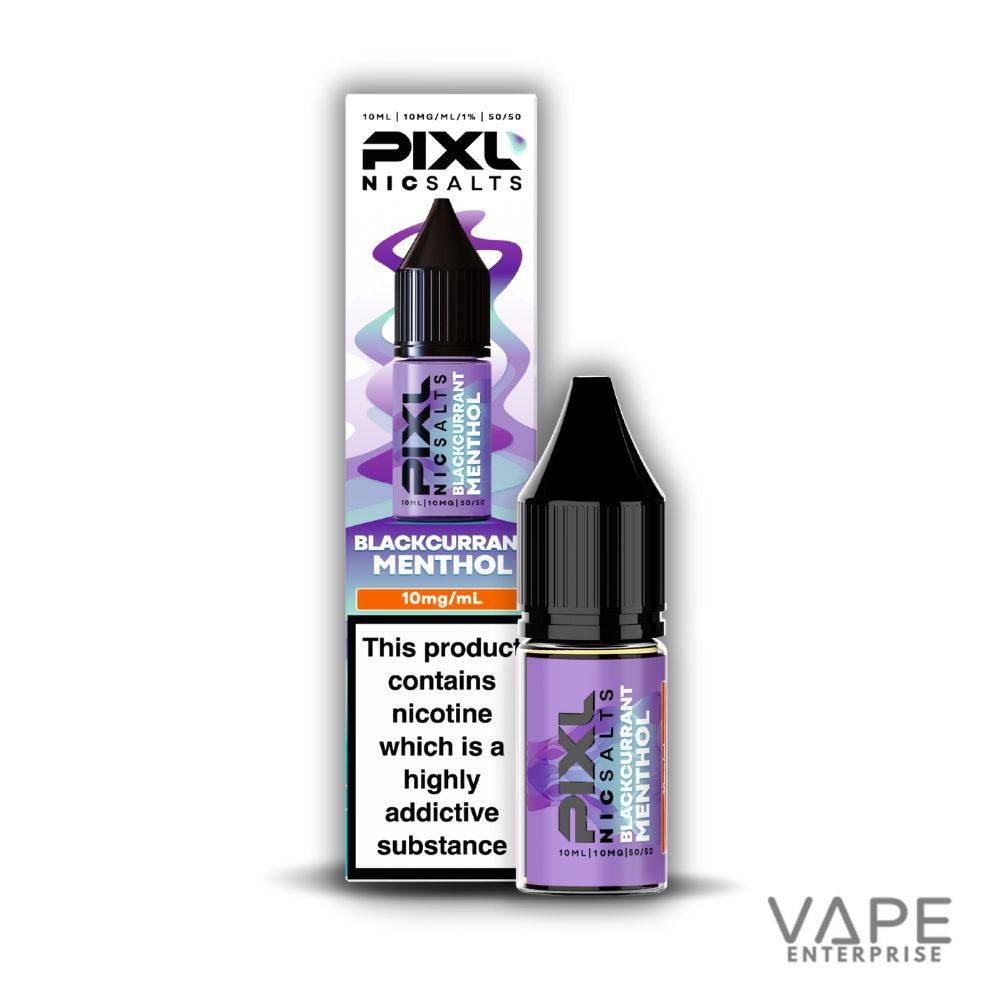 Pixl Nic Salts Blackcurrant Menthol 10ml vape juice bottle and packaging with nicotine warning