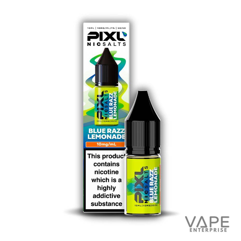 Pixl Nic Salts Blue Razz Lemonade nicotine vape juice bottle and box with warning label