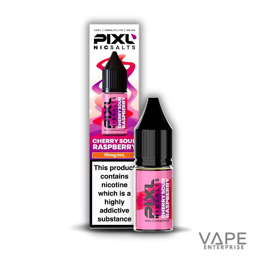 Pixl Nic Salts Cherry Sour Raspberry 10ml e-liquid bottle and packaging with nicotine warning label
