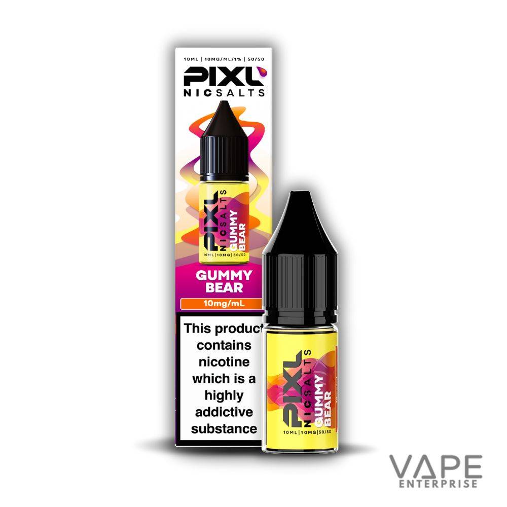 Bottle and box of PIXL Nic Salts Gummy Bear e-liquid 10mg nicotine with warning label