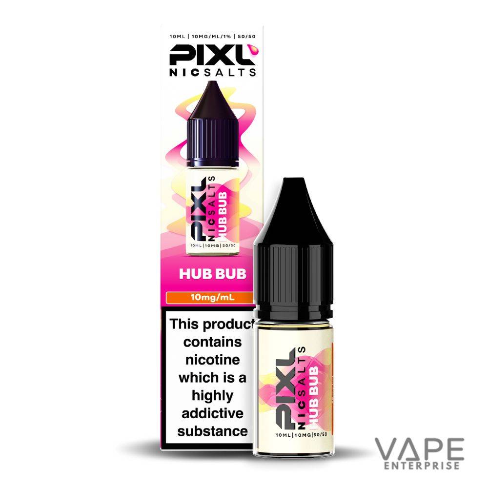 Pixl Nic Salts Hub Bub 10ml nicotine salt e-liquid bottle with 10mg/ml strength and colorful pink yellow packaging