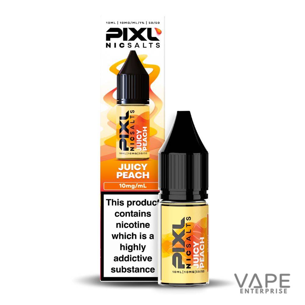 Pixl Nic Salts Juicy Peach 10ml e-liquid bottle with nicotine warning label and orange packaging
