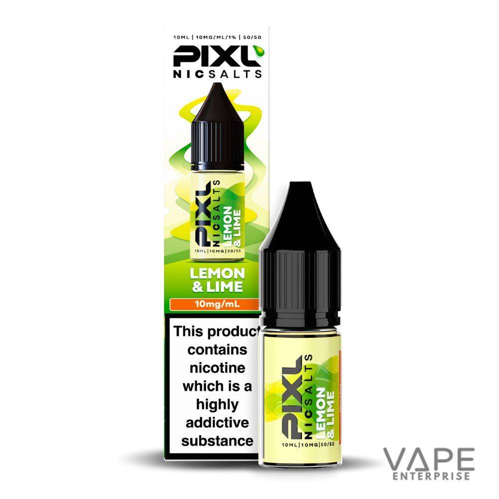 Pixl Nic Salts Lemon & Lime 10ml e-liquid bottle and packaging with nicotine warning