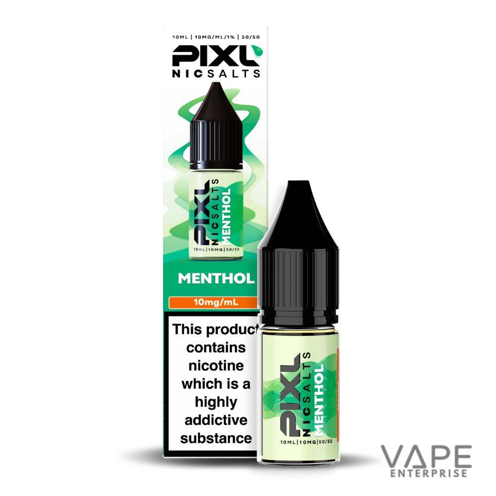 Pixl Nic Salts Menthol vape juice 10mg/mL bottle with packaging and nicotine warning label
