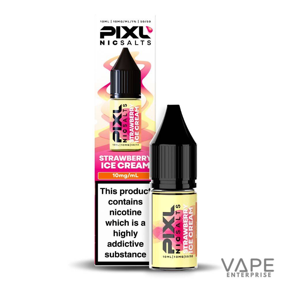 Pixl Nic Salts Strawberry Ice Cream vape juice bottle and box with nicotine warning