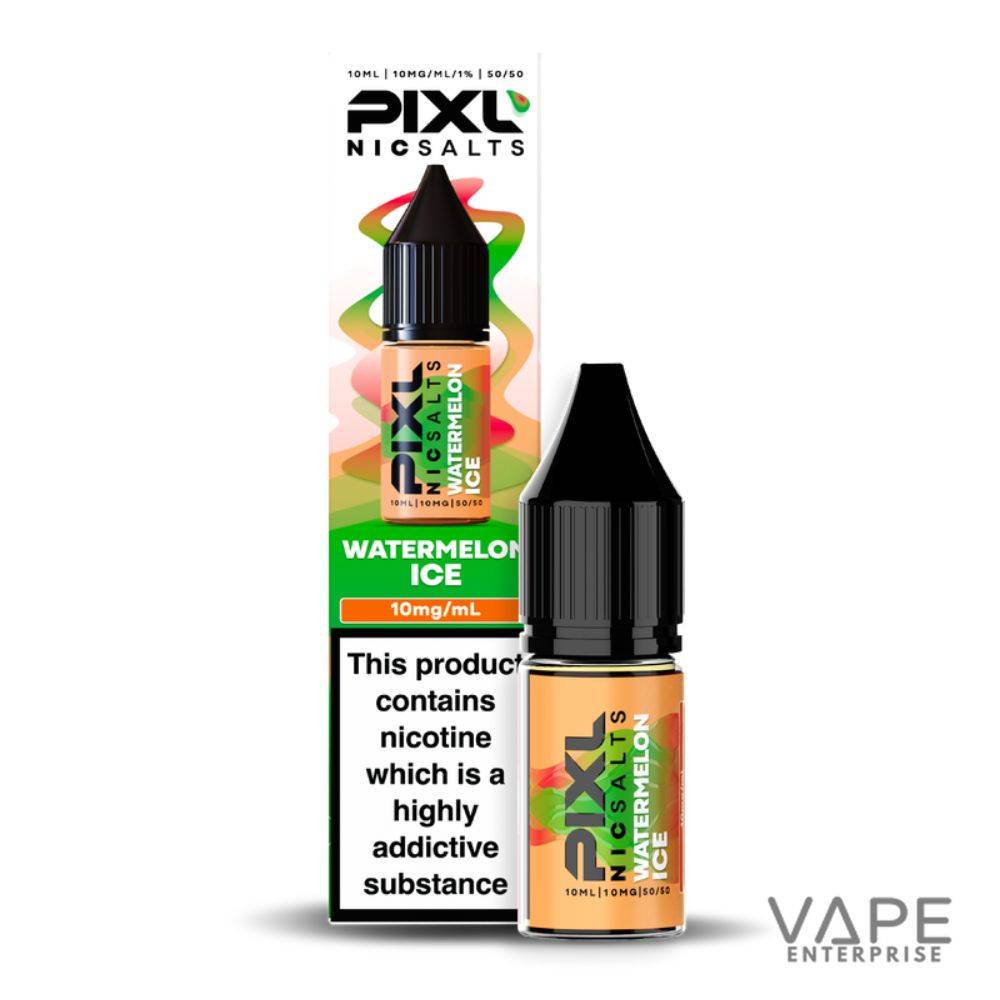 Pixl Nic Salts Watermelon Ice nicotine salt vape juice bottle and packaging with warning label