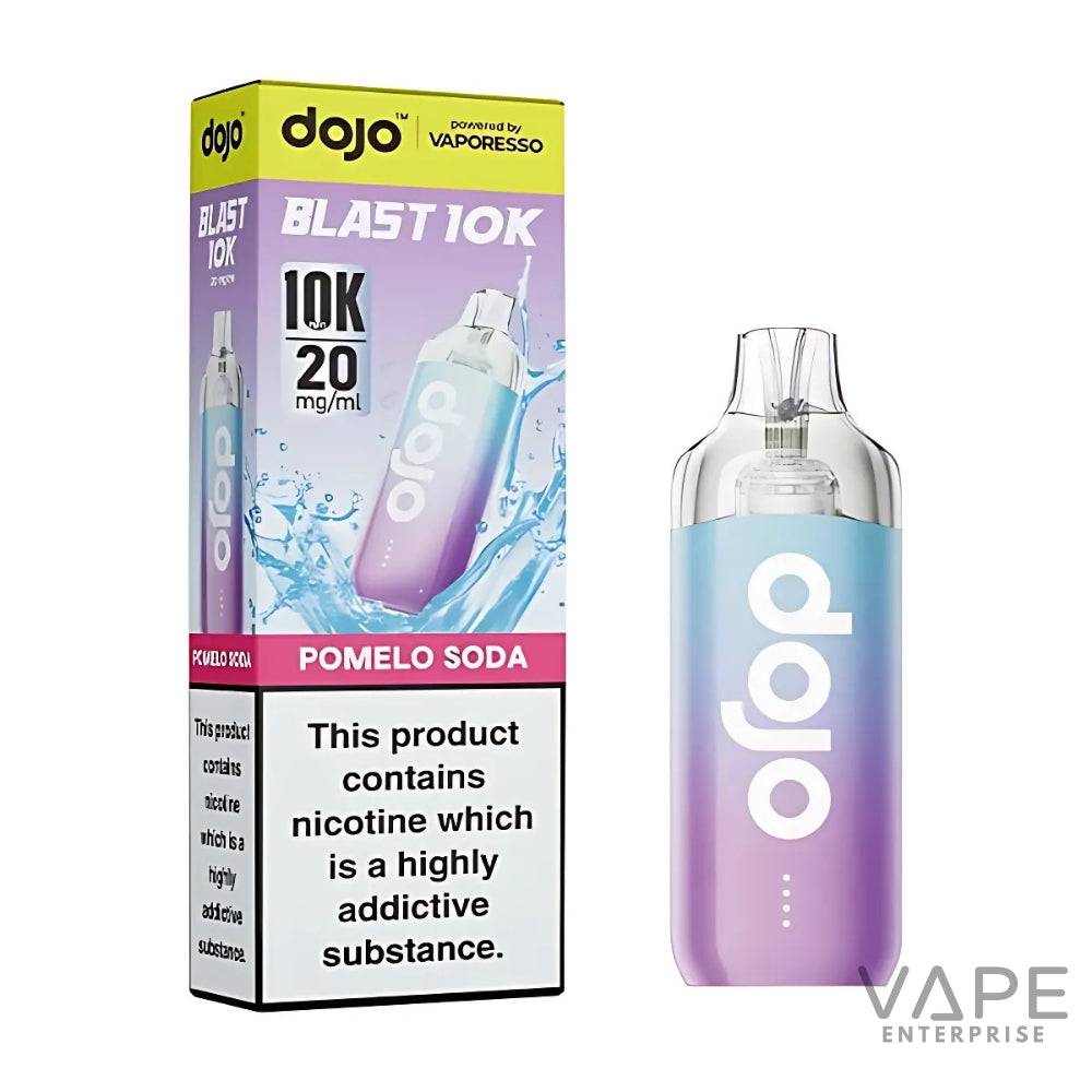 Dojo Blast 10K disposable vape Pomelo Soda flavor with nicotine, purple to blue gradient device and packaging