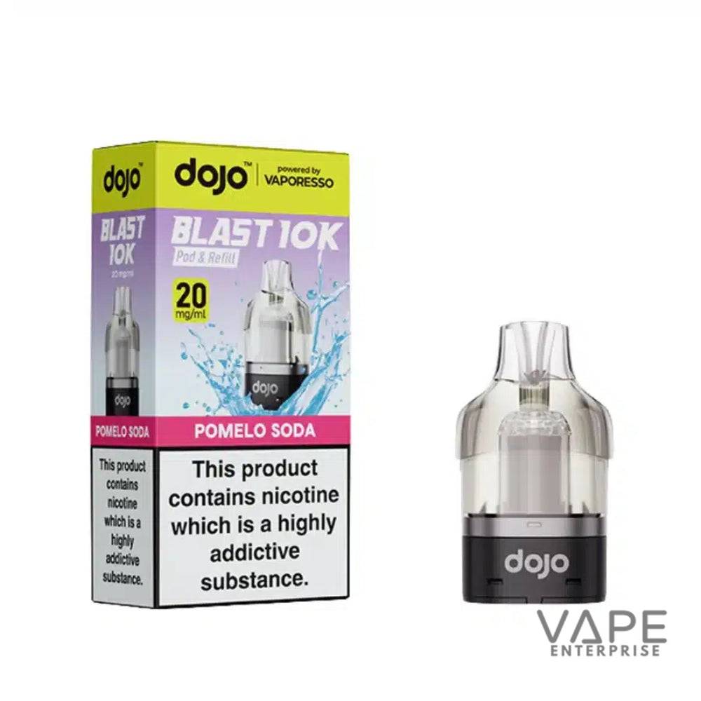 Dojo Blast 10K Pomelo Soda nicotine pod and refill with splash graphic and warning label