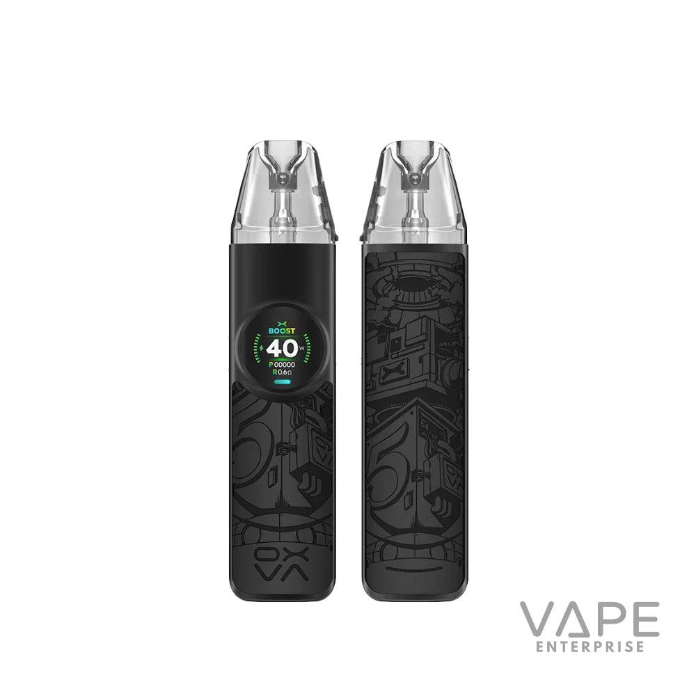Black sleek pod vape device with digital display showing 40W power and intricate graphic design