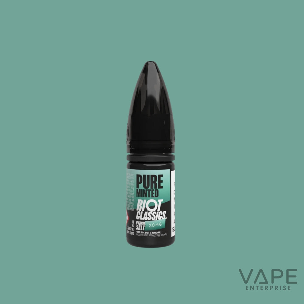 Vape juice bottle with 'Pure Minted' label on a green background