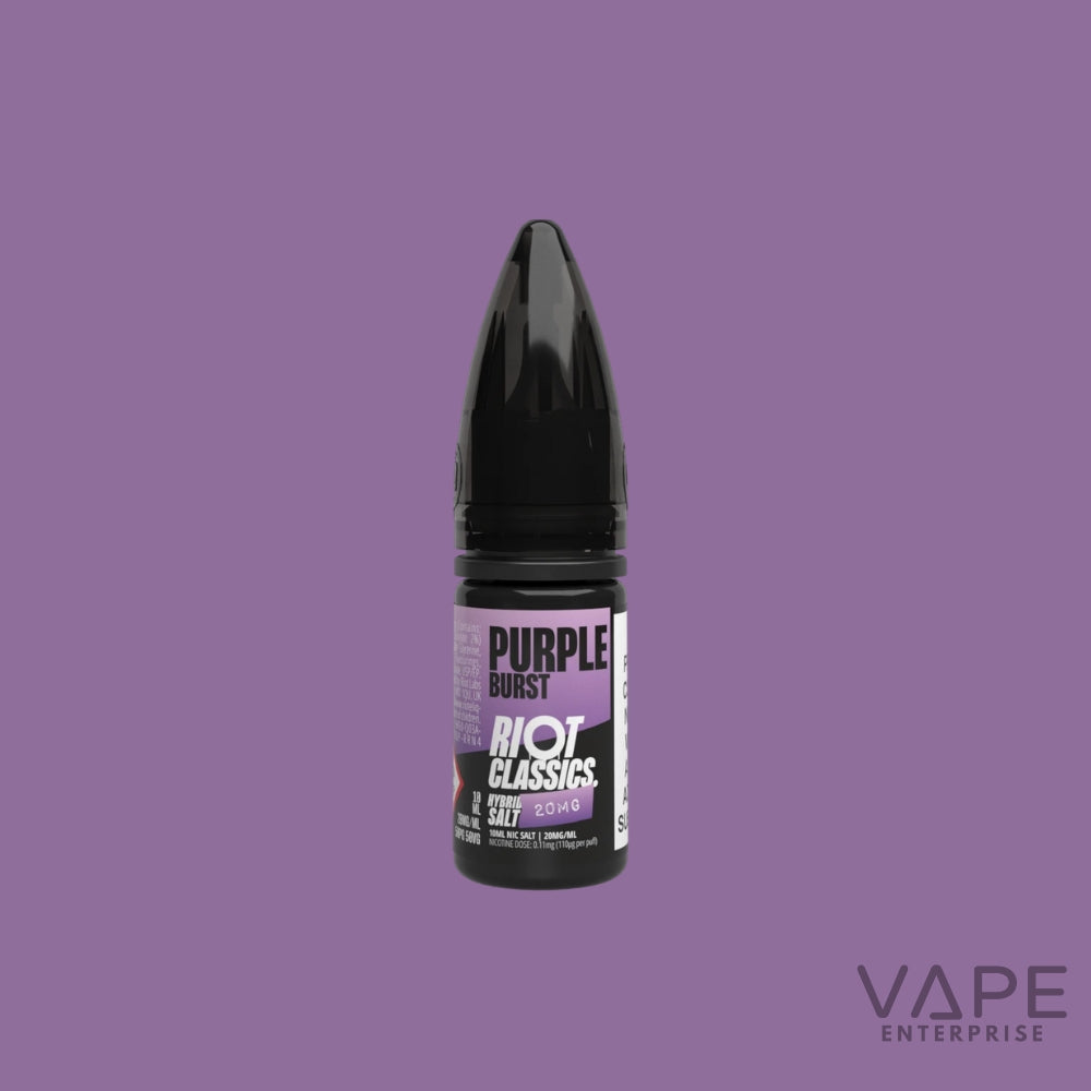 Vape juice bottle labeled 'Purple Burst' by Riot Classics on a purple background