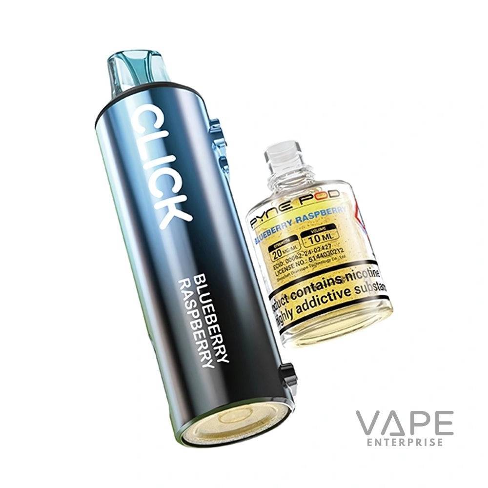 Blueberry Raspberry Click prefilled vape pod with Pyne Pod e-liquid bottle and Vape Enterprise logo