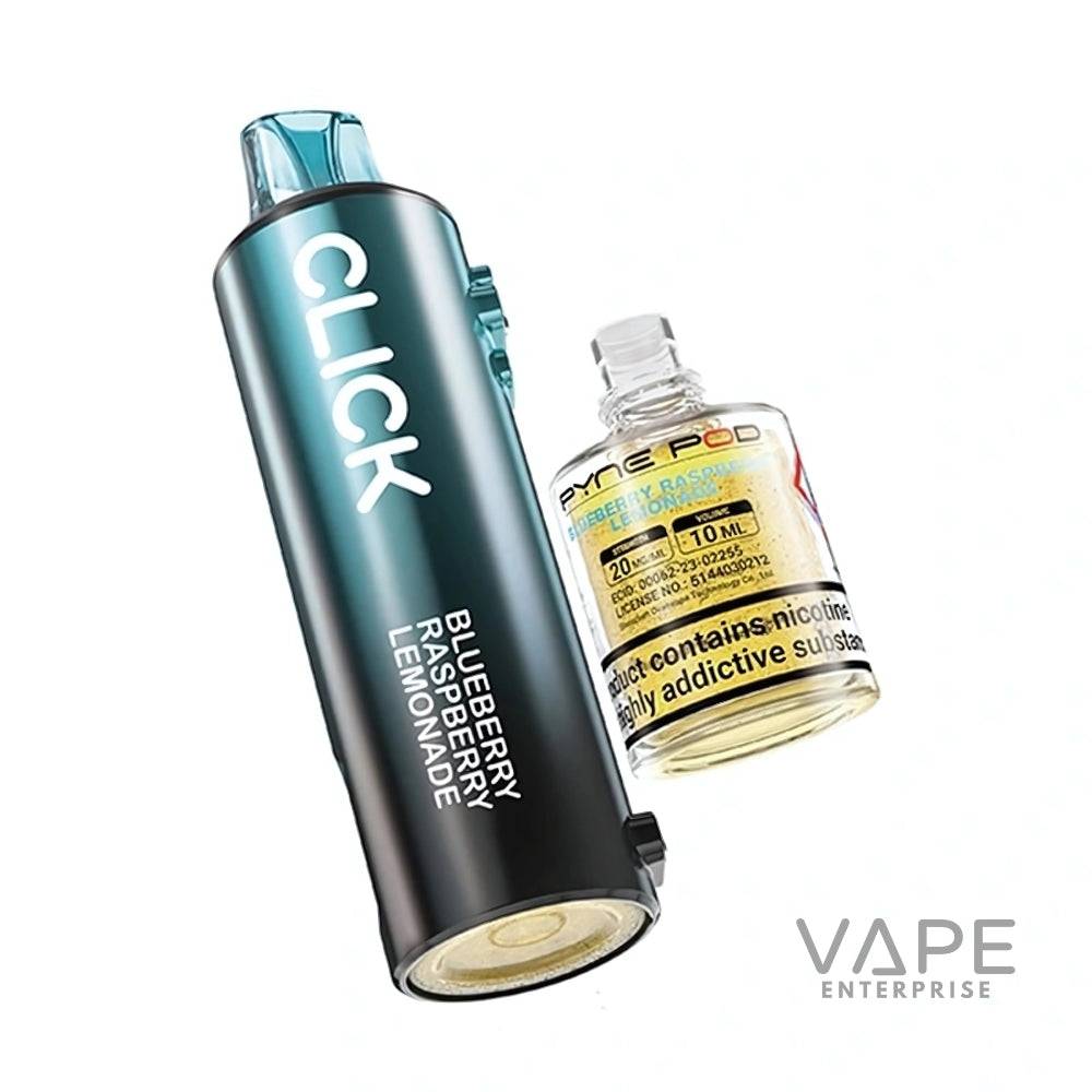 Blueberry Raspberry Lemonade Click prefilled vape pod and e-liquid bottle on white background