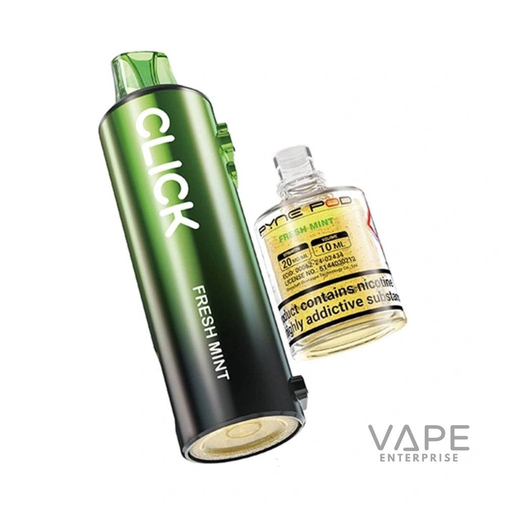 Green Click Fresh Mint vape pod device with Pyne Pod Fresh Mint nicotine refill bottle
