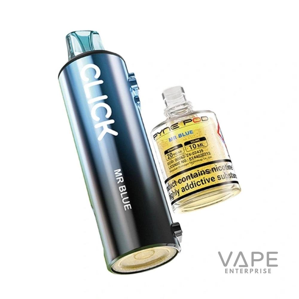 Pyne Pod Click Mr Blue vape device and Mr Blue e-liquid bottle with nicotine warning