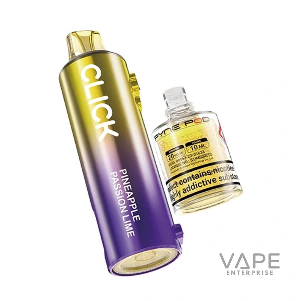 Purple and gold Click Pineapple Passion Lime vape device with clear Pyne Pod bottle of e-liquid