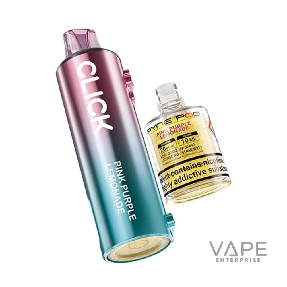 Click Pink Purple Lemonade vape device with prefilled nicotine pod and label warning