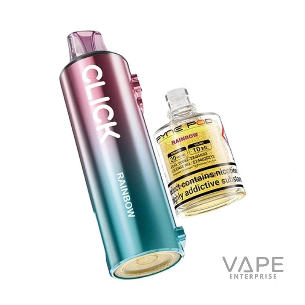Rainbow gradient Pyne Pod Click prefilled vape pod with nicotine e-liquid bottle on white background