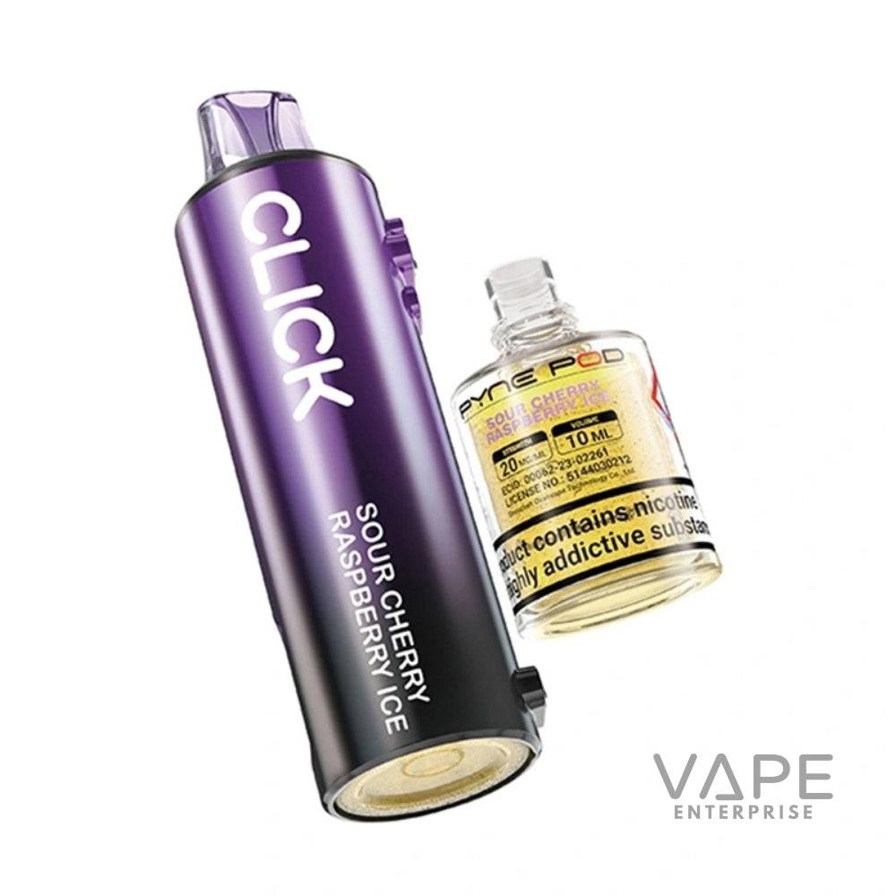 Purple Click Sour Cherry Raspberry Ice vape device and Pyne Pod e-liquid bottle