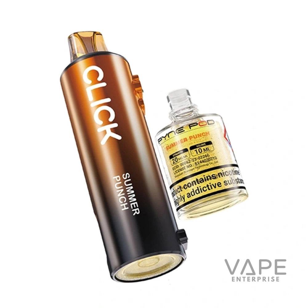 Click Summer Punch vape device with prefilled Pyne Pod e-liquid bottle on white background