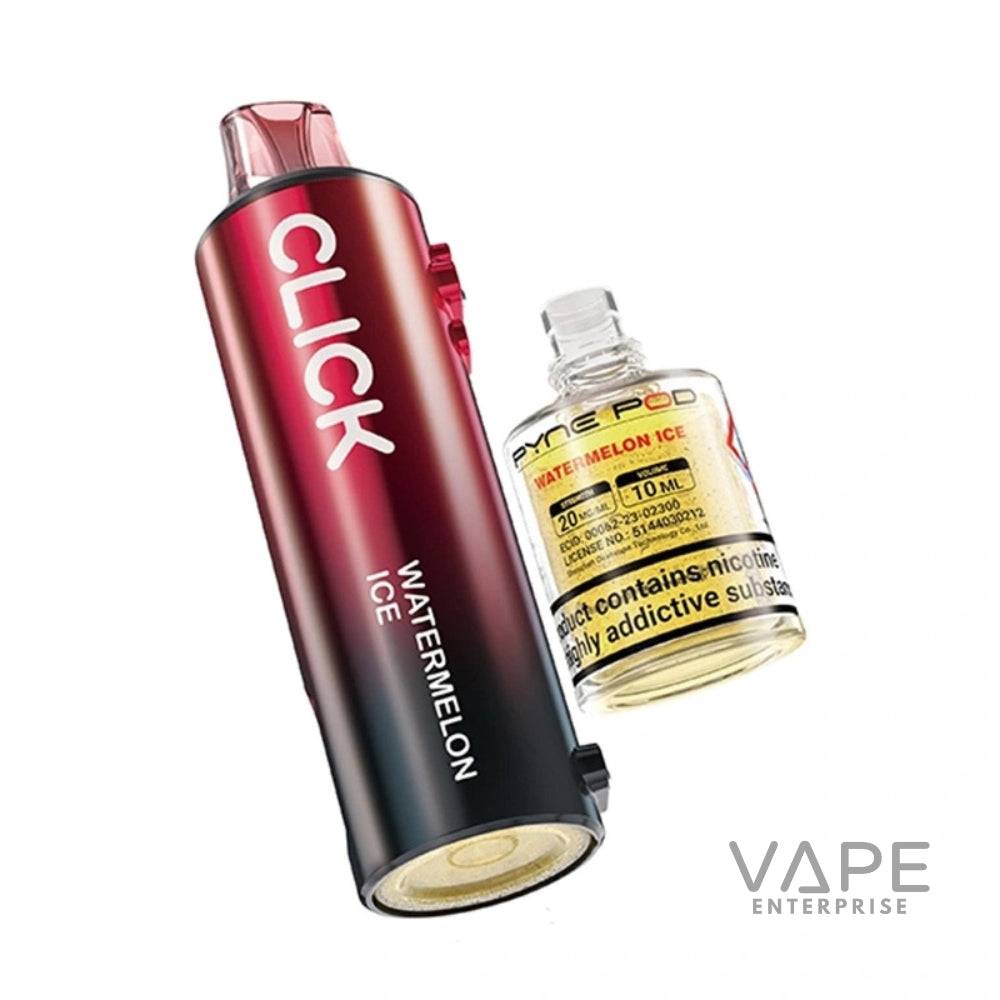Red and black Pyne Pod Click disposable vape in Watermelon Ice flavor with nicotine pod bottle