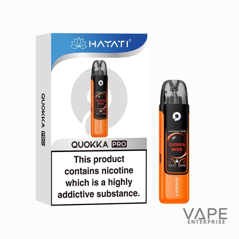 Orange QUOKKA PRO vape device with digital screen and packaging showing nicotine addiction warning