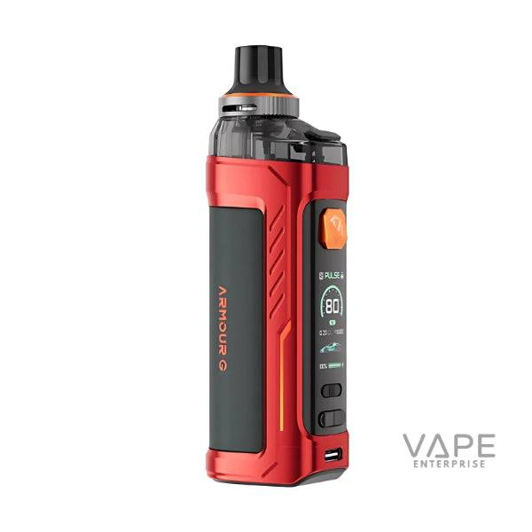 Red Vaporesso Armour G vape kit with digital display and ergonomic design on white background