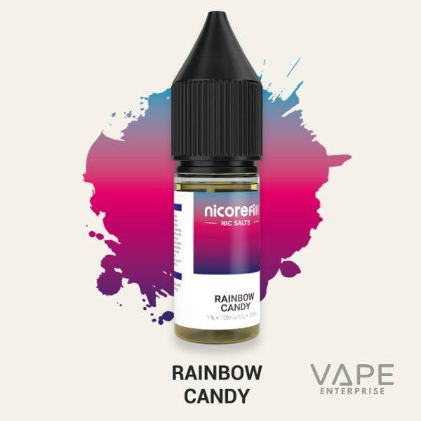 Nicotine salt vape juice bottle labeled Rainbow Candy with colorful gradient background