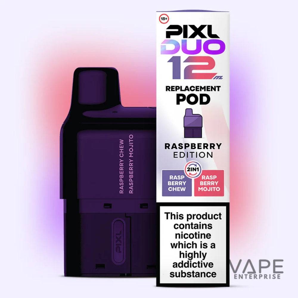 Pixl Duo 12mg Raspberry Edition replacement vape pod with Raspberry Chew and Raspberry Mojito flavors