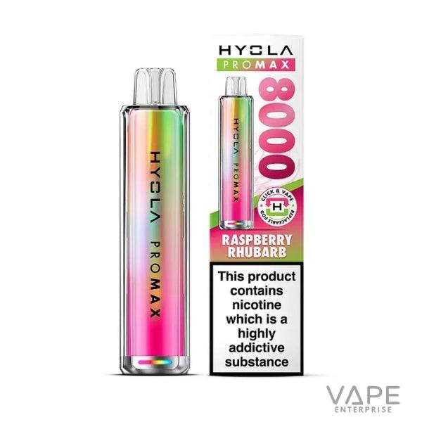 Hyola Pro Max 8000 disposable vape with raspberry rhubarb flavor and nicotine warning label