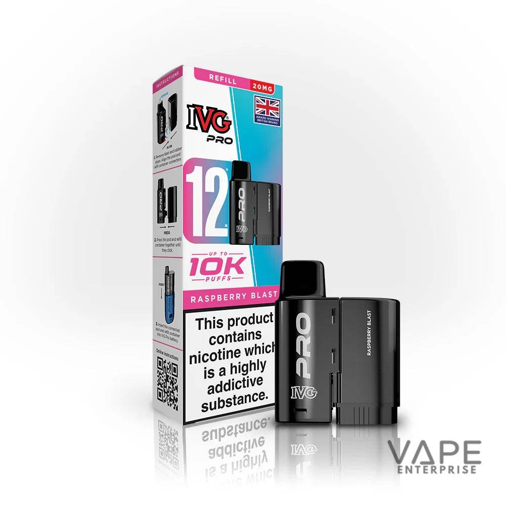 IVG Pro Raspberry Blast vape pods with 12ml e-liquid, 20mg nicotine, up to 10K puffs, UK brand