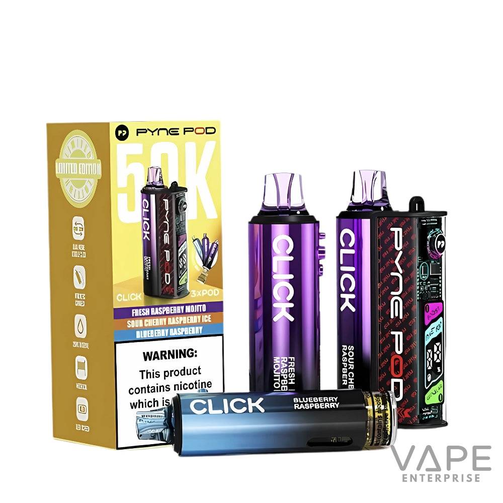Limited edition Pyne Pod 50K disposable vape devices in Fresh Raspberry Mojito, Sour Cherry Raspberry Ice, and Blueberry Raspberry flavors with packaging