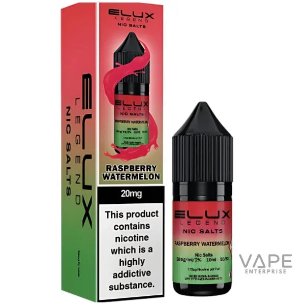 Elux Legend Nic Salts Raspberry Watermelon 20mg vape liquid with packaging, 10ml bottle