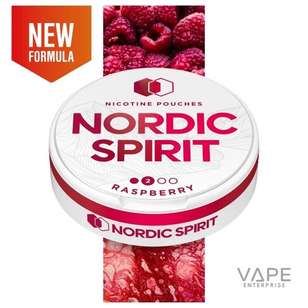 Nordic Spirit raspberry nicotine pouches container with fresh raspberries and red berry liquid background