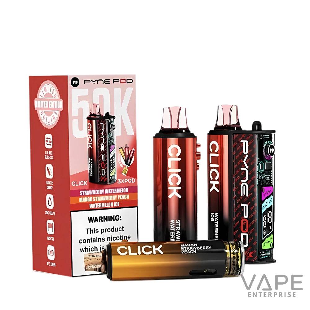 Pyne Pod 50K Click disposable vape devices with strawberry watermelon, mango strawberry peach, and watermelon ice flavors