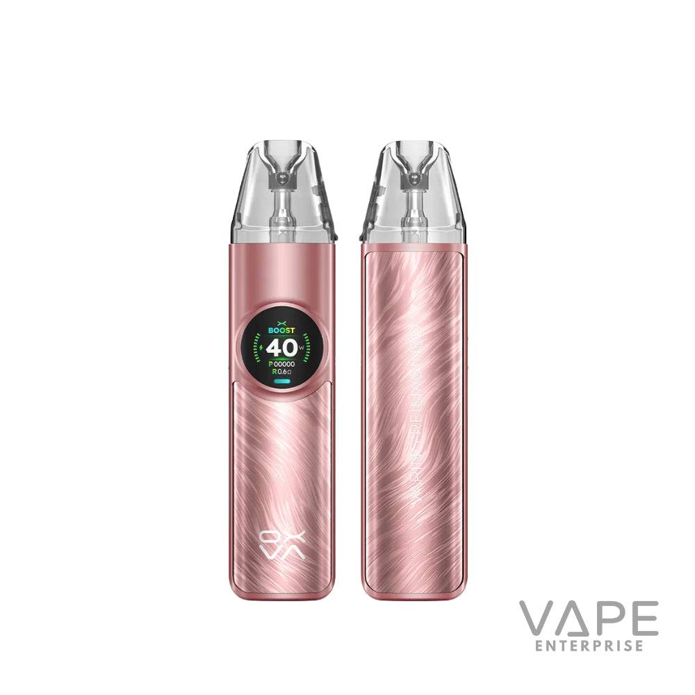 Rose gold pod vape device with digital display showing 40W power, sleek metallic finish