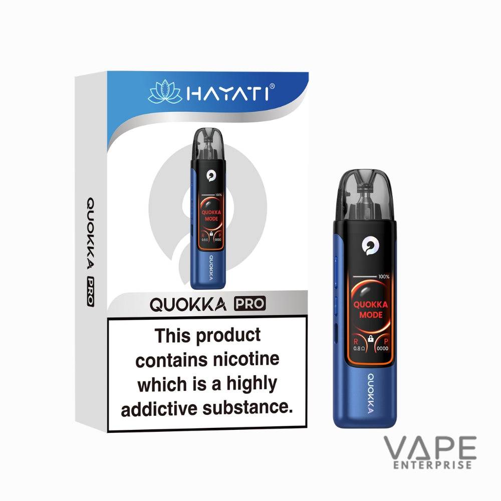 Blue Quokka Pro vape device with digital display and nicotine warning on packaging