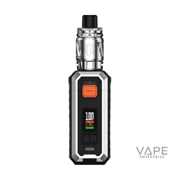 Silver Vaporesso Armour S Kit vape device with digital screen and black drip tip on white background
