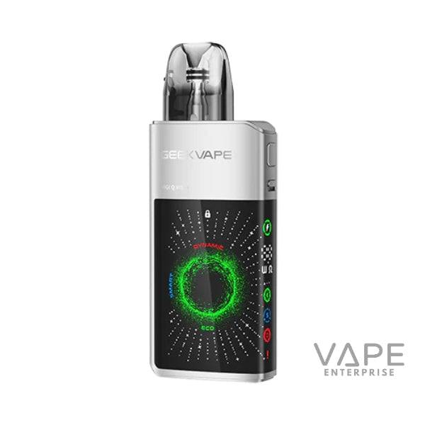 Silver GeekVape Digi-QVista pod vape device with dynamic green and blue LED display on black front panel