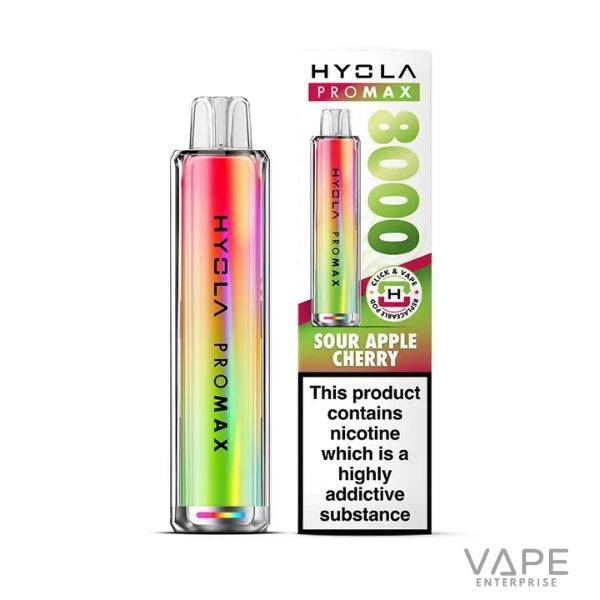 Hyola Pro Max 8000 disposable vape in sour apple cherry flavor with nicotine warning label